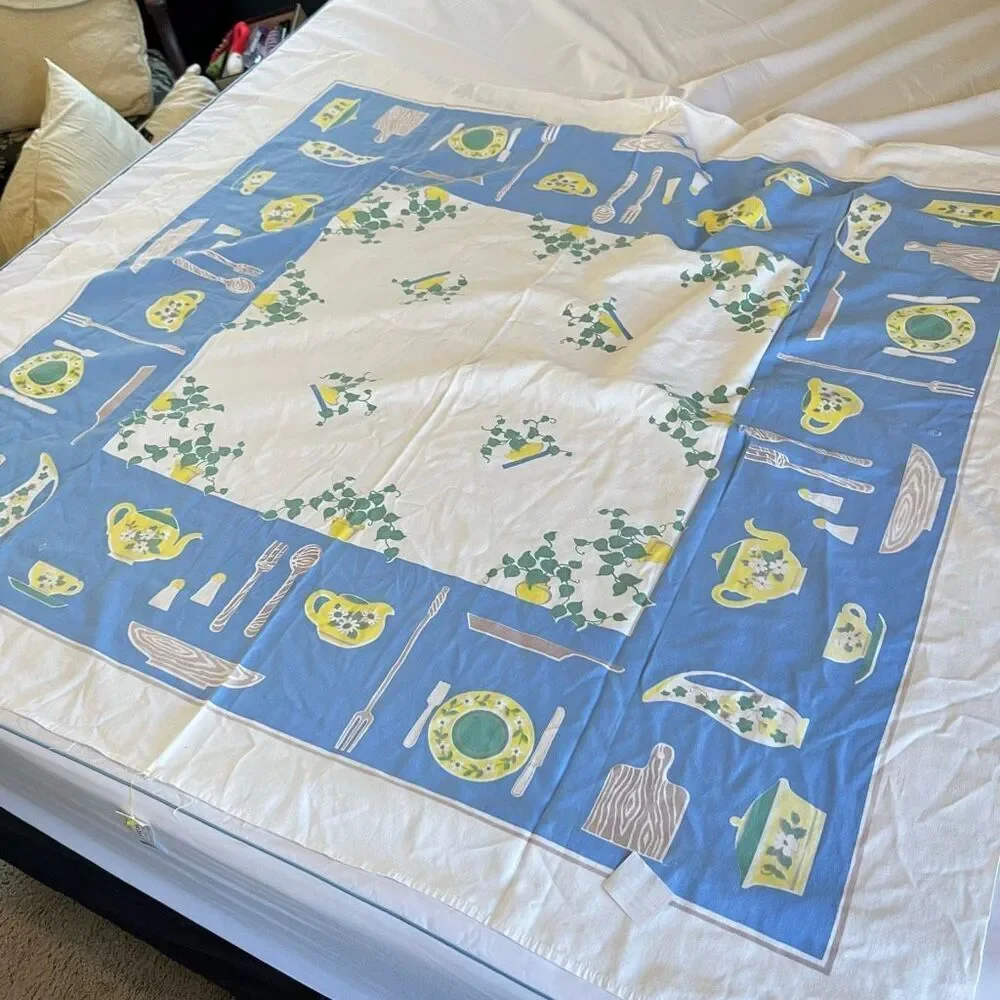 VTG Blue Yellow Kitchen Tablecloth 44x58 Teapot Ivy Border Retro MCM Cotton